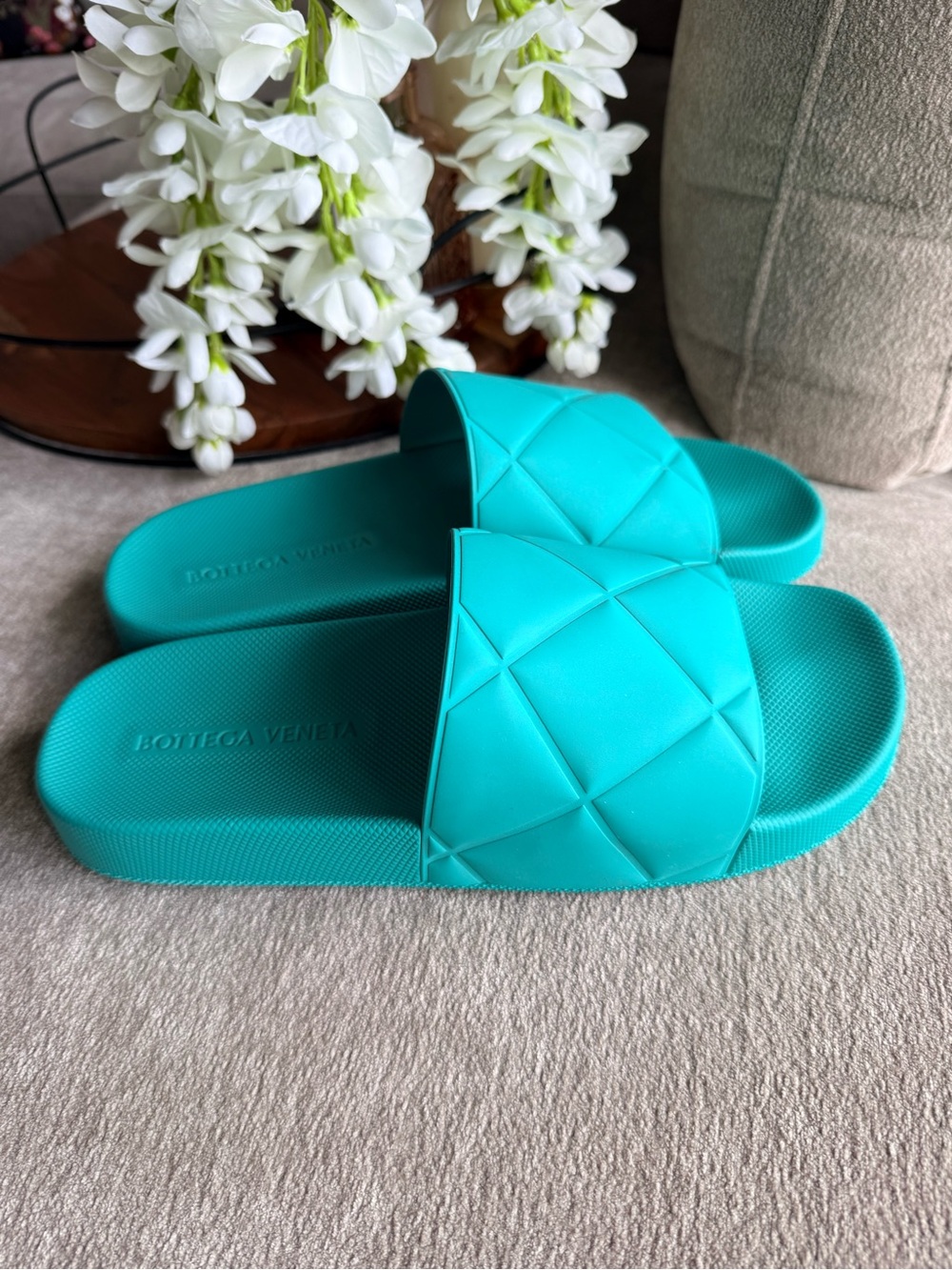 Bottega Veneta Turquoise Teal Green Quilted Slide Sandals Size 41